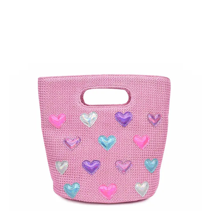 Heart-Patched Pink Straw Top-Handle Mini Tote Bag