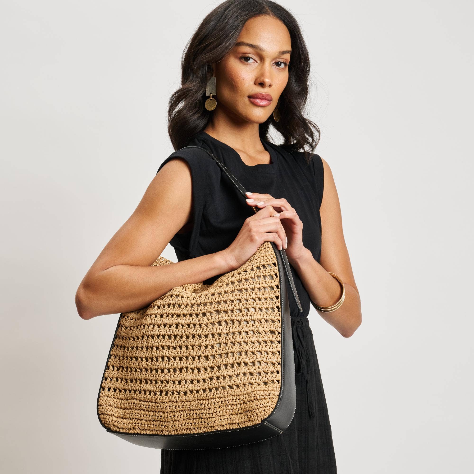 Straw woven Hobo tote bag - black trim