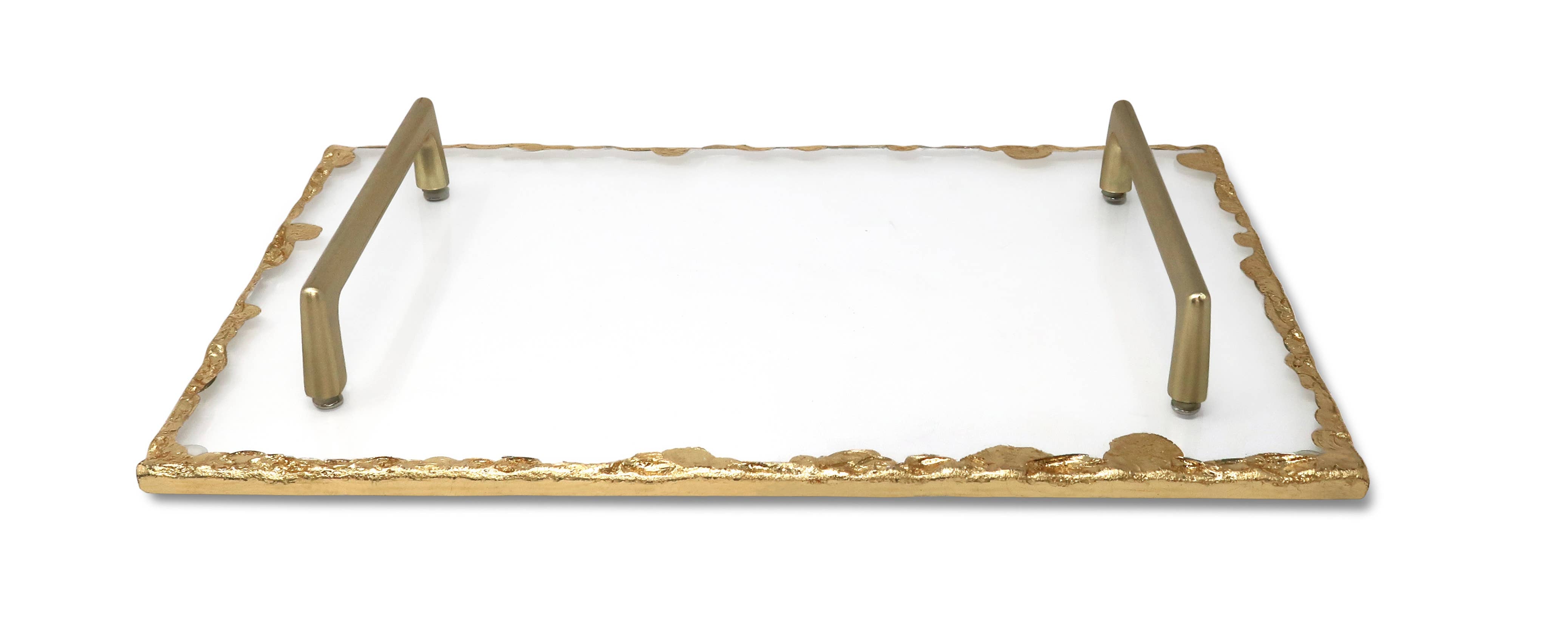 Large Glass Tray with Gold Rim and Handles