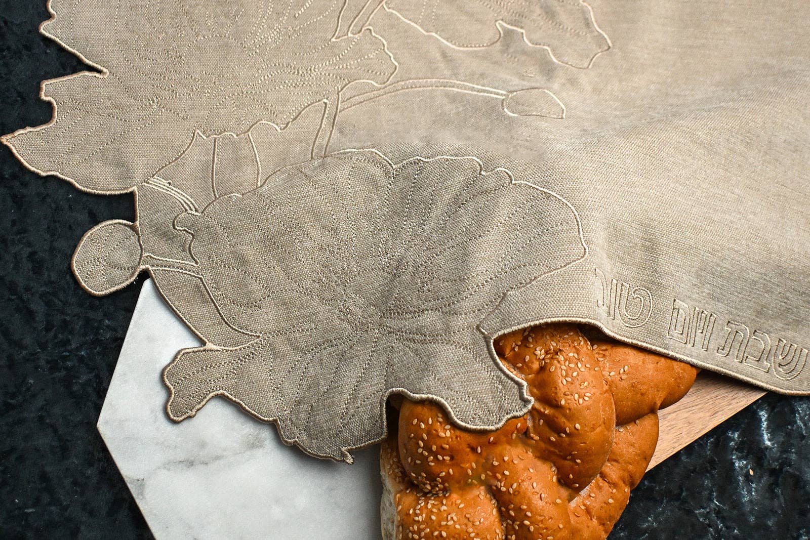 Taupe Flower Embroidered Challah Cover