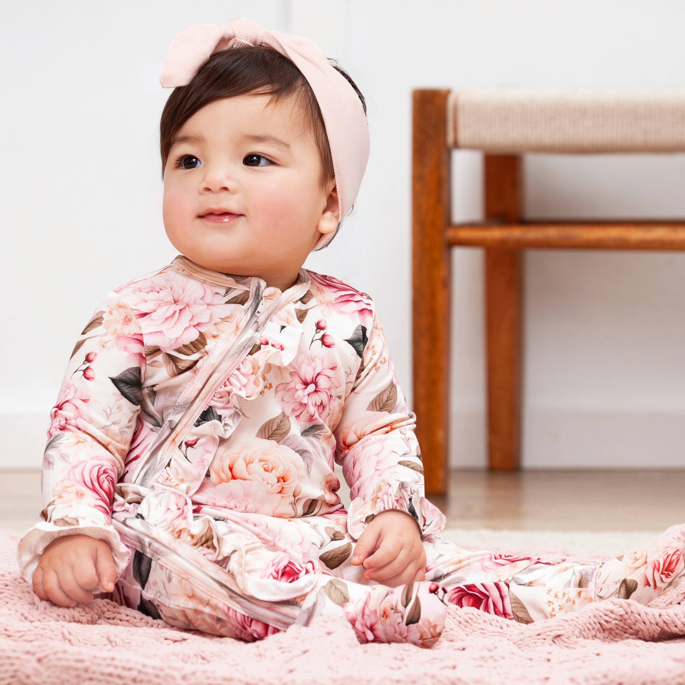 Floral ruffle zipper sleeper