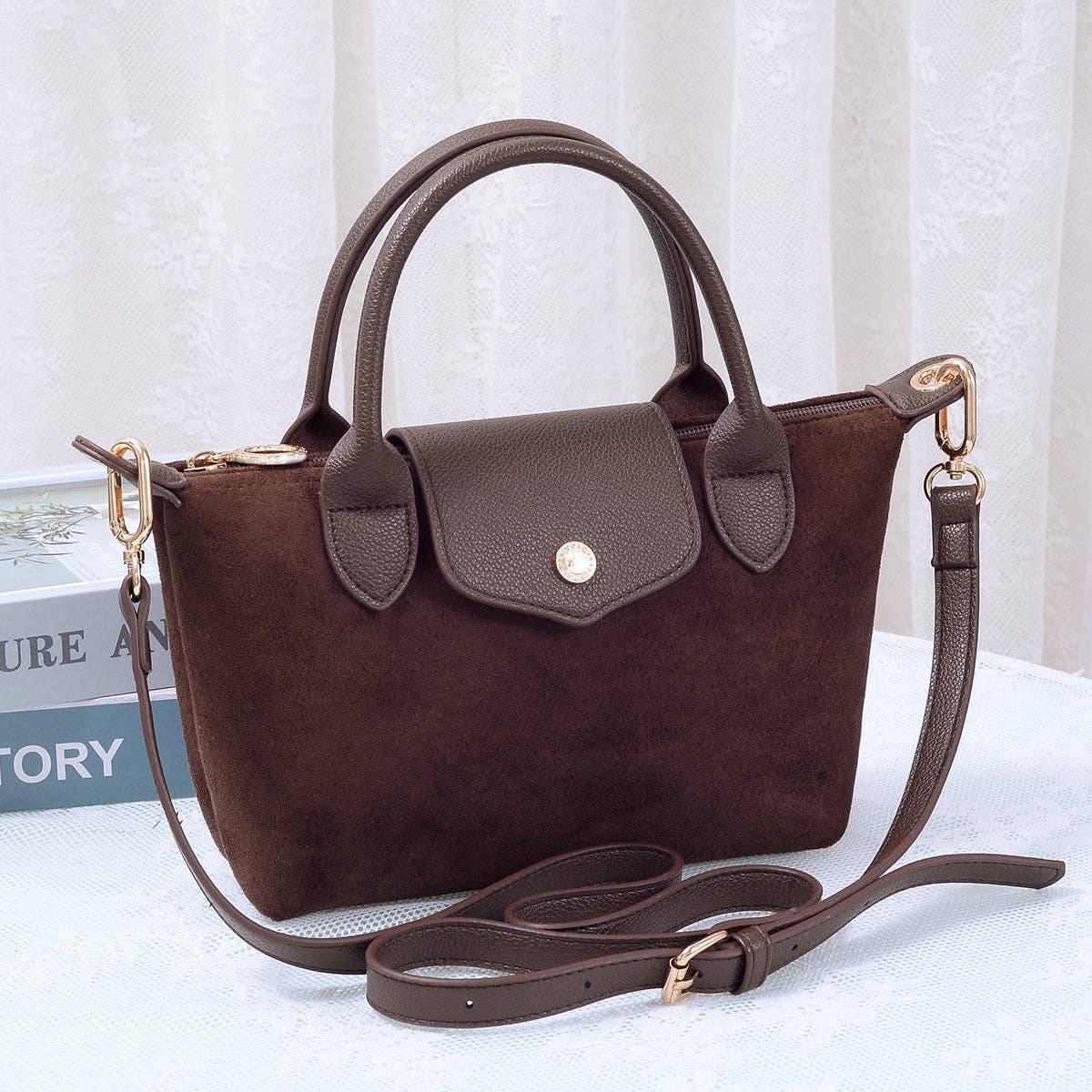 Suede Double Handle Crossbody Bag - chocolate