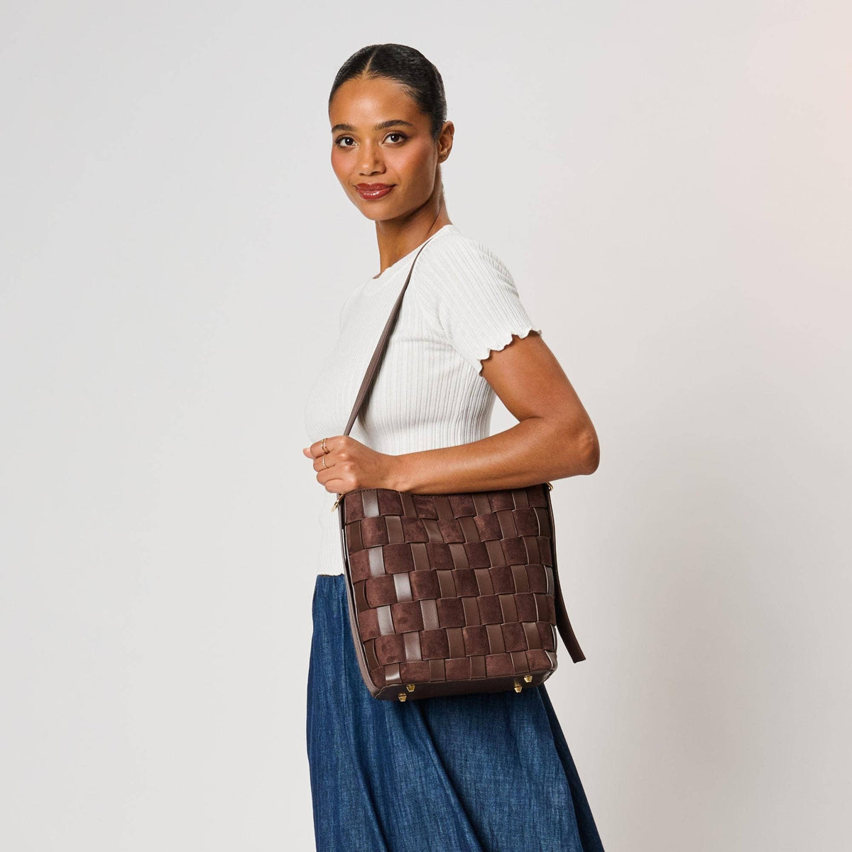 Vegan leather panel bucket bag - chocolate
