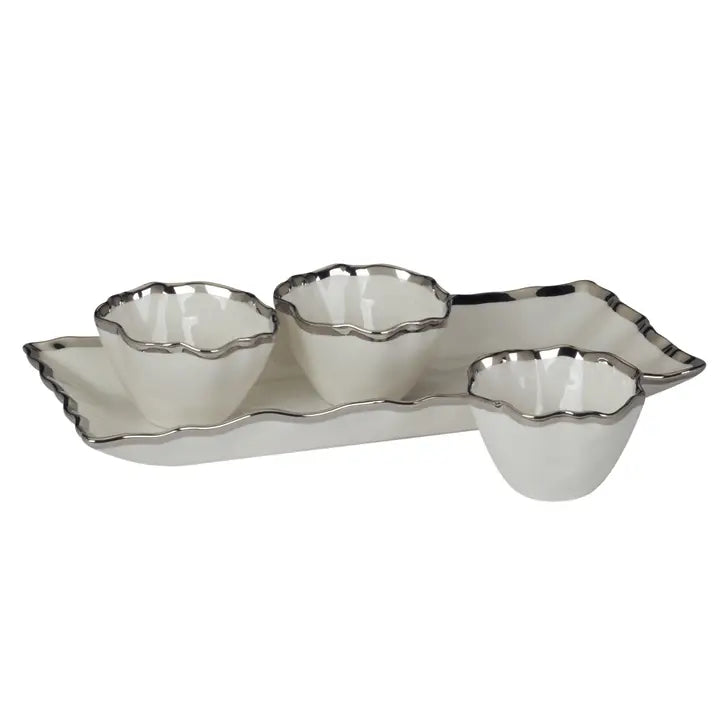 White and Silver 4 Pc. Tray w/Bowls