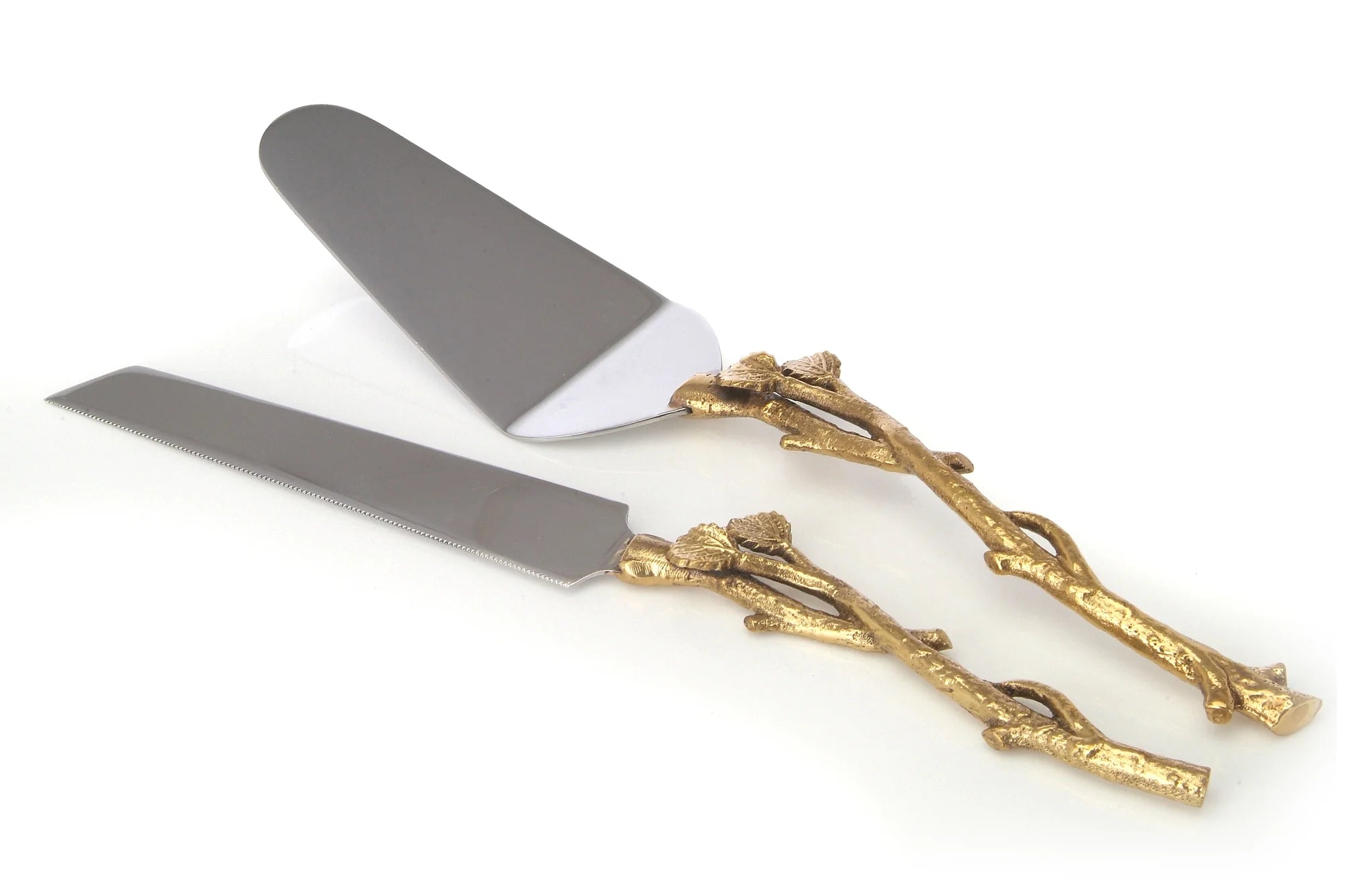 two tone cake server and cake knife set with gold leaf motif