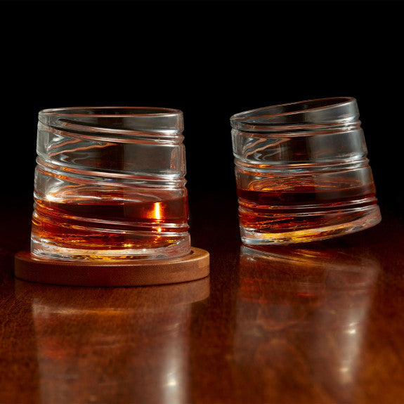 Pirouette Spirale Old Fashion Whisky Glass 300ml, Ensemble de 4, 2 lunettes old fashion et 2 sous-verres en bambou