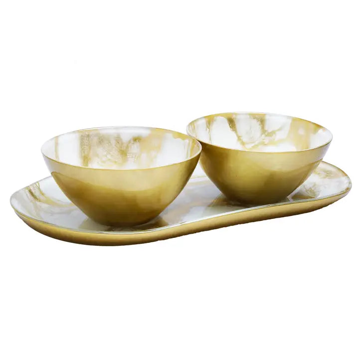 White/Gold Marble Glass Tray w/2 bowls