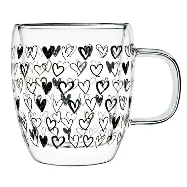 Glass Black Heart Double Wall Coffee Mug