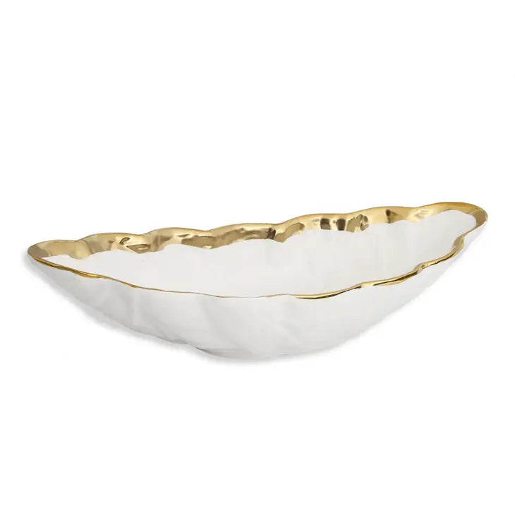White Leaf Porcelain Shaped Bowl With Gold Border