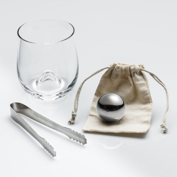 Whiskey Glass 300ml Set with Stainless Steel Ice Ball, Tongue and Pouch